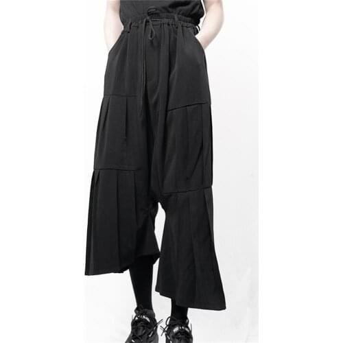 Style Yamamoto Mens casual pants wide leg pants skirt pants irregular asymmetric dark fold loose trumpet Harem Pants