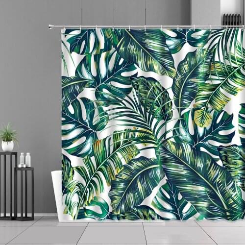Tropical Green Plants Pink Flowers Shower Curtains Africa Jungle Palm Leaf Monstera Waterproof Fabric Bathroom Curtain Screen
