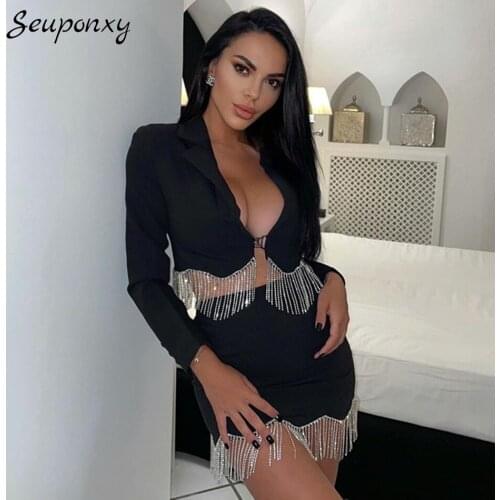 High-Quality WomenS Short Suit Jacket + Mini Skirt 2 Two-Piece Set Sexy Rhinestone Fringed High Waist Slim Set 2021 Autumn