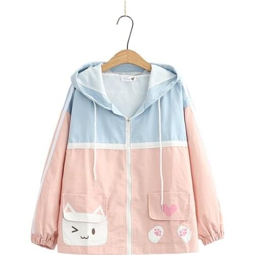 Women Zipper Hooded Jackets Coat Cartoon Print Pure Pocket Jacket Korean Style Ladies Basic Outwears 2020 Autumn Winter Clothes