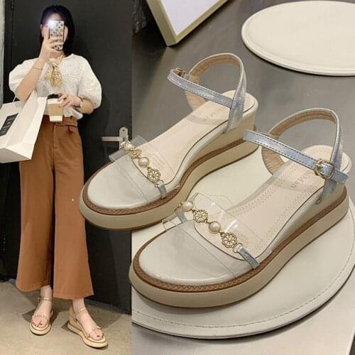Snowflake decoration transparent sandals women metal chains pearl beading gladiator sandalias mujer 2020 wedges sandale femme