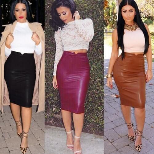 European Style Woman Skirts High Waist PU Sexy Female Skirts