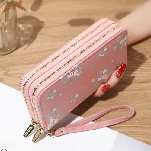 Ladies Long Wallet Double Zipper Wild Floral Letters Large-capacity Mobile Phone Case Wristband Decoration Wallet Coin Purse