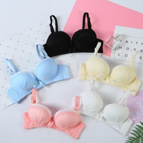 Girl Lace-Side Rimless Gathered Wire Free Bra 3/4 Cup Solid Color Jacquard Bow Adjusted-straps Padded Bras