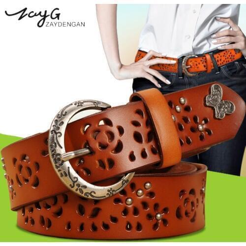 ZAY Unique Vintage Pin Buckle Genuine Leather Women Belt for Dress Butterfly rivet Flower hollow Leather Strap Female Waist Belt