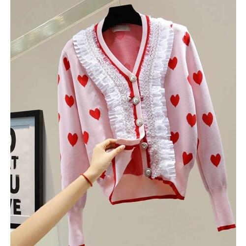 2021 Spring Autumn Love Print Pearl Buttons Women Cardigans Sweater Fashion Slim Ladies Knitted Sweater Korean Style Female Tops