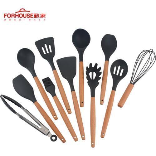 11pcs/set Food Grade Silicone Wood Handle Cooking Utensils Cookware Kitchen Cooking Tools Spatula And Ladle Kitchenware