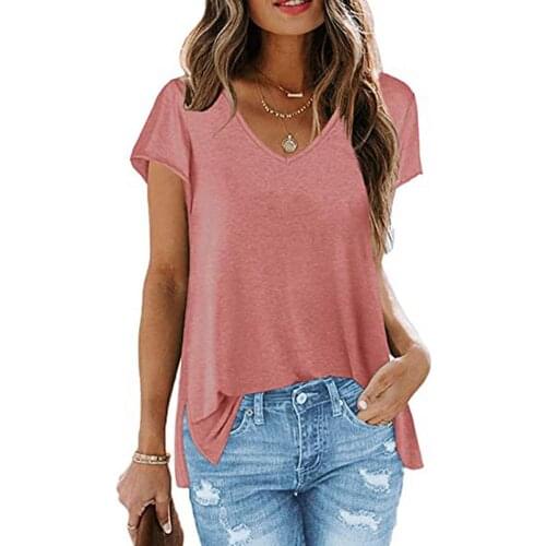 2021 Summer Fashion T-shirt Casual V Neck Breathable Women Solid Color Loose Tee Daily Wear T-Shirt Tops Plus Size