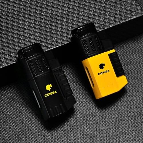 COHIBA Cigar Lighter 4 Torch Jet Flame Refillable Gas Bottom with Cigar Punch Portable Smoking Tool Accessories Gift Box