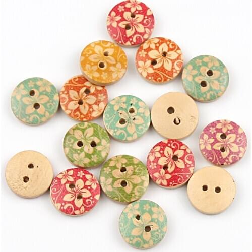 50pcs 15mm Bauhinia Pattern Wooden Buttons 2Hole Round Sewing Buttons For Crafts Clothing Scrapbooking Sewing Accessories