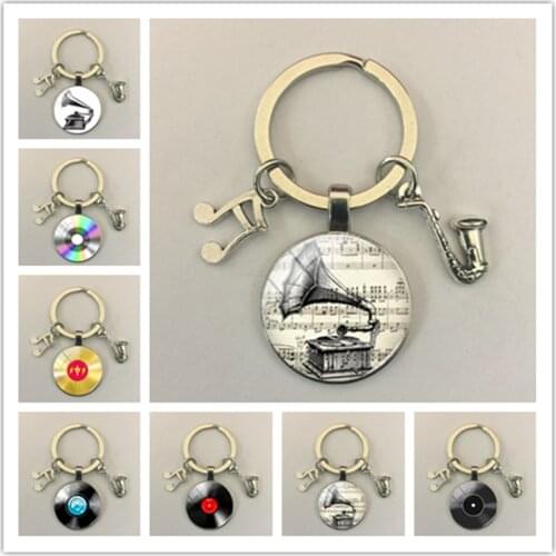Handmade Classic Music Record Image Keychain Glass Cabochon Keychain Musical Note Pendant Accessories Jewelry Gift Keychain