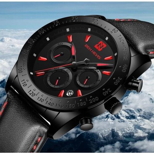 2021 NEW BN6011G 40mm Ben Quartz Casual Sports Watch Multi-Function Three-Eye Waterproof Black Leather Mens Watch Montre Homme