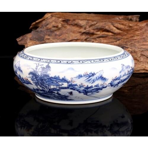 Qing Kangxi handpainted blue and white red glazed tea bowl mountain people tea washer antique porcelain all hand painted