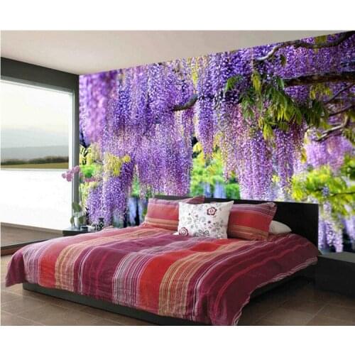 Custom size mural beautiful romantic purple flower vine TV background wall paper living room decoration painting random size