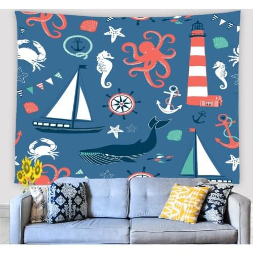 Mediterranean Style Tapestry Wall Hanging Childrens Room Boy Girl Cartoon Ocean Boat Shark Rudder Animal Aesthetic Tapestries