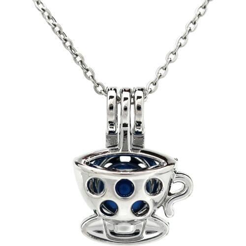 K942 Silver Alloy Teacup Coffee Cup Beads Pearl Cage Pendant Chain Aroma Essential Oil Diffuser Locket Necklace