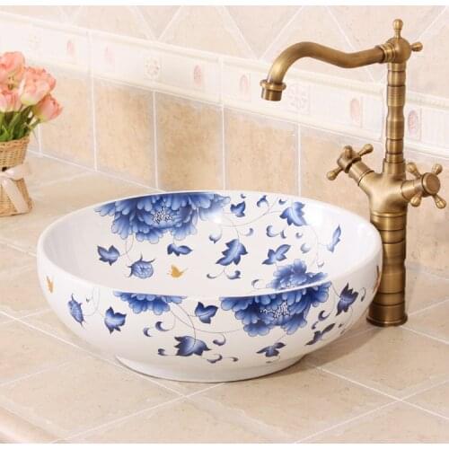 Blue And White butterfly Painting China Ceramic Art Basin Sink Counter Top Wash Basin Bathroom Sinks single bowl wash basin