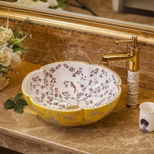 Ceramic Above Counter Basin Flower Shaped Bowl Washbasin Household Vessel Sink Art Wash Basin Round Bathroom Sink Bowls