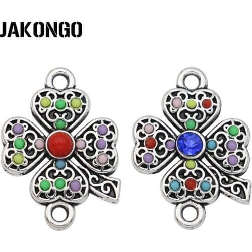 JAKONGO Antique Silver Plated Crystal Clover Connector for Jewelry Making Bracelet Findings DIY Accessories 21x15mm 5pcs