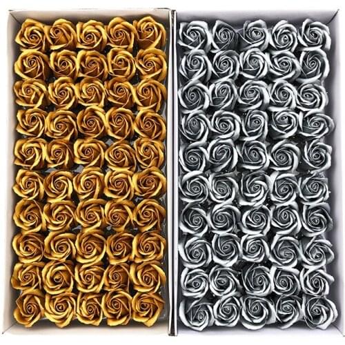 Hot Sale Soft Romantic Fragrant 3 Layers Gold Silver Rose Head Artificial Decoration Wedding Bouquet Gift Boxes Soap Flowers