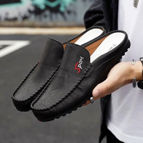 Brand 2021 Fashion Half Shoes for Men Mules Soft Moccasins Men Loafers Leather Slide Slipper Men Flats Gommino Driving Shoes
