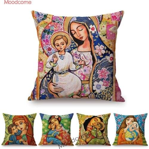 Mother And Son Baby Goddess Madonna Mothers Day Gift Sofa Throw Pillow Case Cotton Linen Abstract Floral Mom Art Cushion Cover