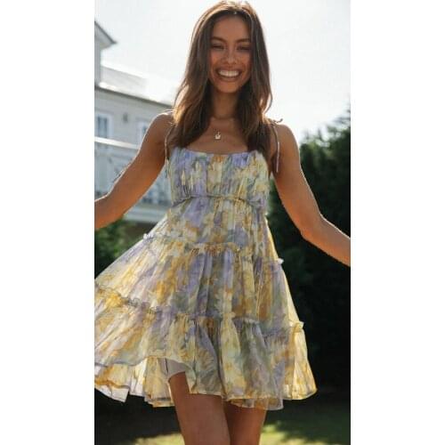 2021 Floral Print Boho Sundress Women Ruffle Summer Dress Casual Beach Short Dress Vintage slip Dress Women Fashion Clothing