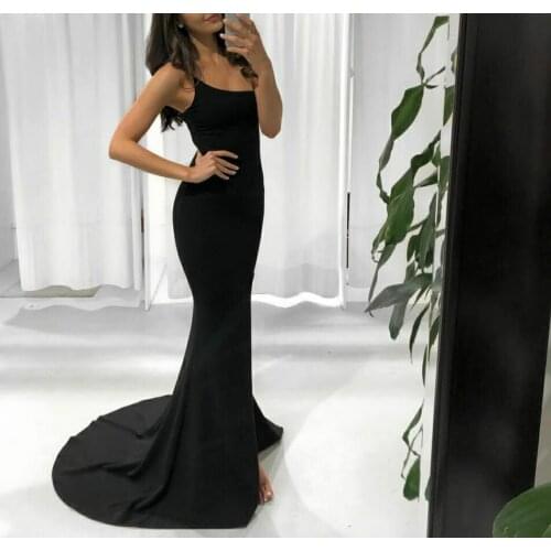 Sexy Long Black Evening Dresses Mermaid One Shoulder Zipper Back Sweep Train Abendkleider Robes De Soirée for Women
