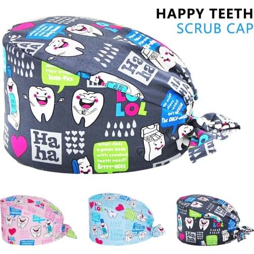 New Unisex Scrubs Caps 100% Cotton Teeth Printing Nursing Cap Beauty Salon Pet Shop Working Accessories Scrub Hat Women Men