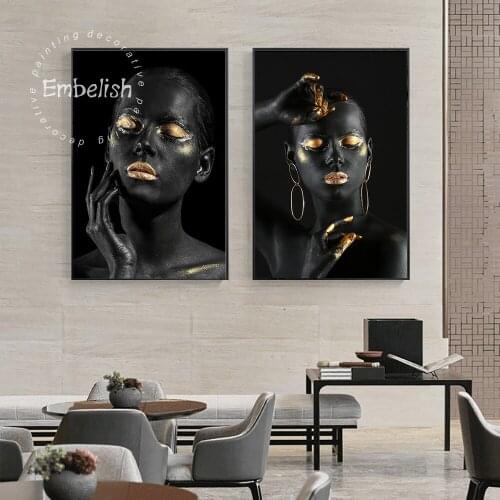 Embelish Blck Nude African Woman With Golden Fibgers And Lips Home Decor Wall Art Picture For Living Room Canvas Painting Poster