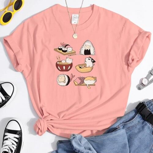 Cute Cartoon Sushi Cat Simple Fashion Style Print Womens T Shirts Short Sleeve Tops Summer Tshirt Plus Size Womens Tee Shirts