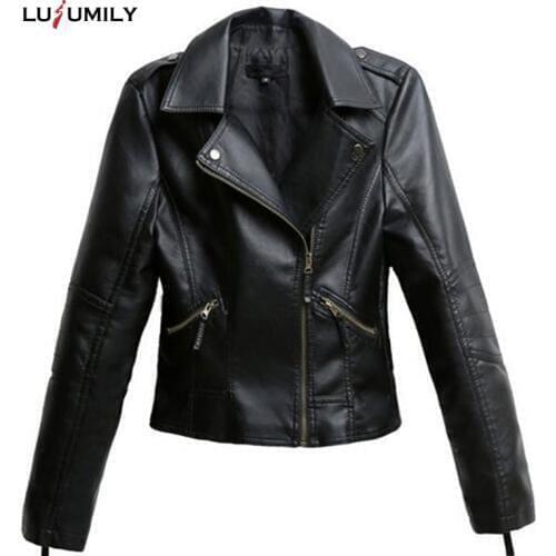 Lusumily Black PU Leather Jacket Women Cool Slim Short Motorcycle Jackets Female Autumn Coat Basic Street Outerwear Plus Size 4X