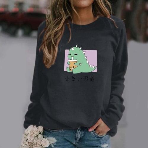 Autumn Cute Dinosaur Print Hoodie Sweatshirt Women 2021 O-Neck Long Sleeve Casual Pullovers GirlS Kawaii Sweatshirts Streetwear
