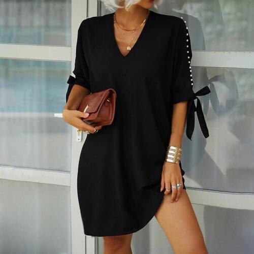 Summer Dress Women 2021 Solid Color Sexy V-Neck Off the Shoulder Pearl Short Sleeve Autumn Casual Loose Female Vestido C2957