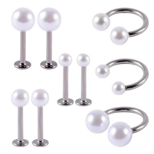 10pcs/lot Surgical Steel&Pearl Ball Labret Stud Horseshoe Ring Lip Bar Piercing Ear Cartilage Tragus Piercing Jewelry 16G
