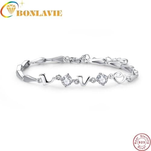 BONLAVIE Love Letter Round Zircon Plated Platinum 925 Silver Bracelet for Women Round Gemstone Fine Jewelry