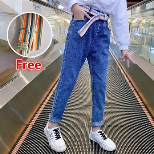 Teenage Jeans for Girls Pants with Free Belt Spring Autumn 2021 New Childrens Casual Trousers Fashion Blue School Kids Clothes
