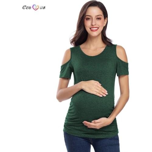 Ecavus Womens Maternity Cold-Shoulder Short Sleeve Scoop Neck Pregnancy Ruched T-Shirt Pregnant Clothes Premama Flattering Tops