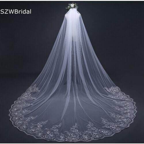 Free Shipping White Ivory Cathedral Wedding Veils Lace Appliques Welon Novia accesorios Casamento Bridal veil with Comb Velo