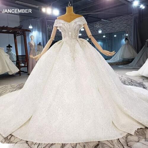 HTL2037 Ball-Gown Beading Crystal Luxury Sequined Wedding Dress 2021Short Sleeve V-Neck Lace Up Back