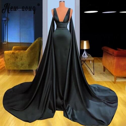 Emerald Green Evening Dresses Deep V Neck Pleated Satin Mermaid Formal Evening Gowns 2021 abiye gece elbisesi Prom Party Dress