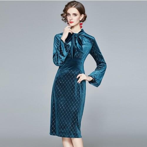 JSXDHK Fashion Runway Women Bowknot Collar Dress Winter Glitter Velvet Lantern Sleeve Female Vintage Bodycon Pencil Party Dress