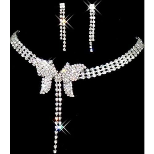 Women Full Rhinestone Butterfly Long Pendant Stud Earrings Necklace Jewelry Set