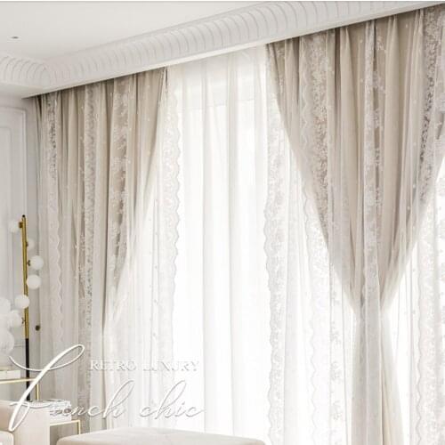 Korean Blackout Curtains White Lace Embroidery Tulle Curtains Beige Curtains Double Layer Window Curtains Drape for Living Room