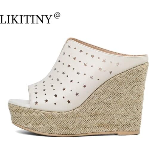 LIKITINY 2021 Summer Wedges heels Genuine Leather Slip on Brown white platform Slippers Open toe Casual slides Womens shoes