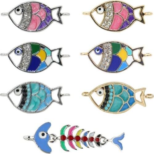 2021 new fish shaped pendant colorful double button small fish clavicle necklace with fish bone oil drop alloy Pendant Necklace