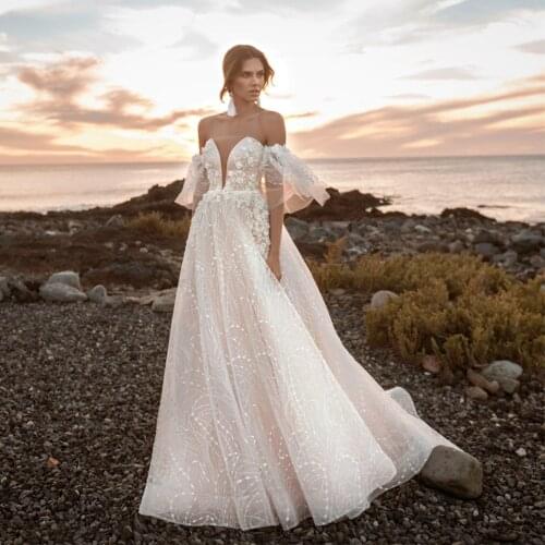Charming Detachable Shoulder Puffy Sleeves with Butterfly Sequin Wedding Dresses Flowers Sweetheart A Line Bridal Gowns 2021