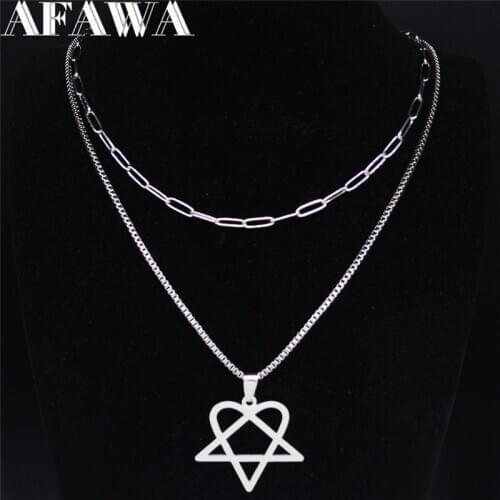 2PC SAFAWA Satan Pentagram Stainless Steel Punk Necklace Women Heart Silver Color Layered Necklaces Jewelry colgante N4111S02