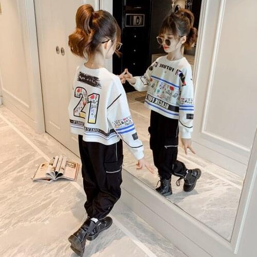 Girls Casual Suit New Spring And Autumn Girl O-neck Cartoon Print Long-sleeved Top + Loose Trousers Two-piece Girl Loose Sports
