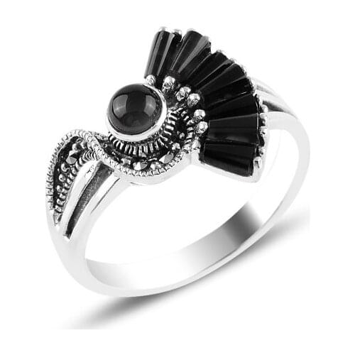 Silverlina Silver Onyx & Marcasite Ring